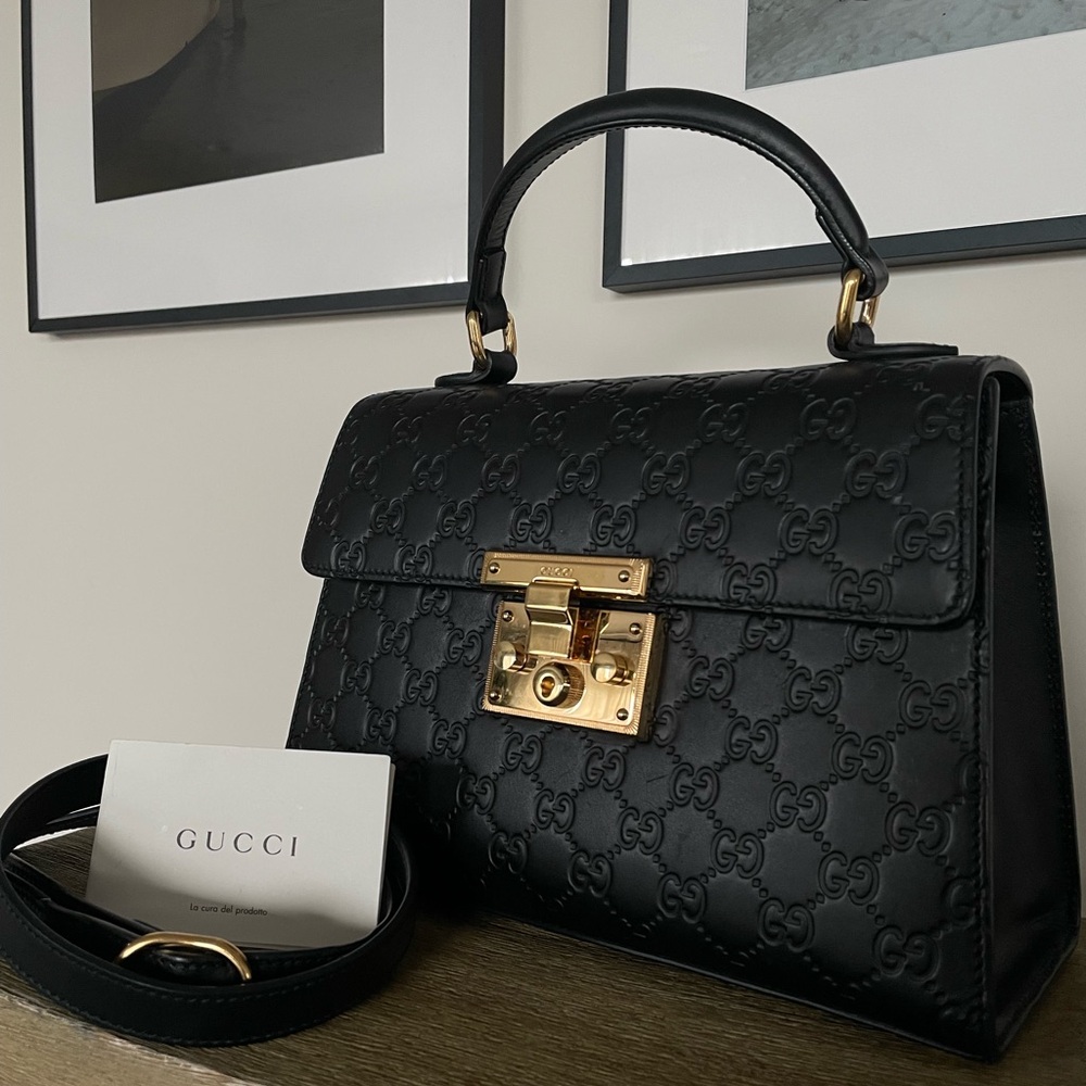 GUCCI Guccissima Small Padlock Signature Top Handle Bag Black